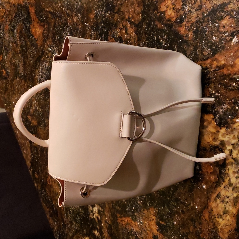 Urban Outfitters Cream Faux Soft Leather Small Adjustable Strap Backpack